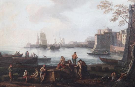 After Claude-Joseph Vernet (1714-1789) Harbour scenes with figures in the foreground 19 x 28.5in.